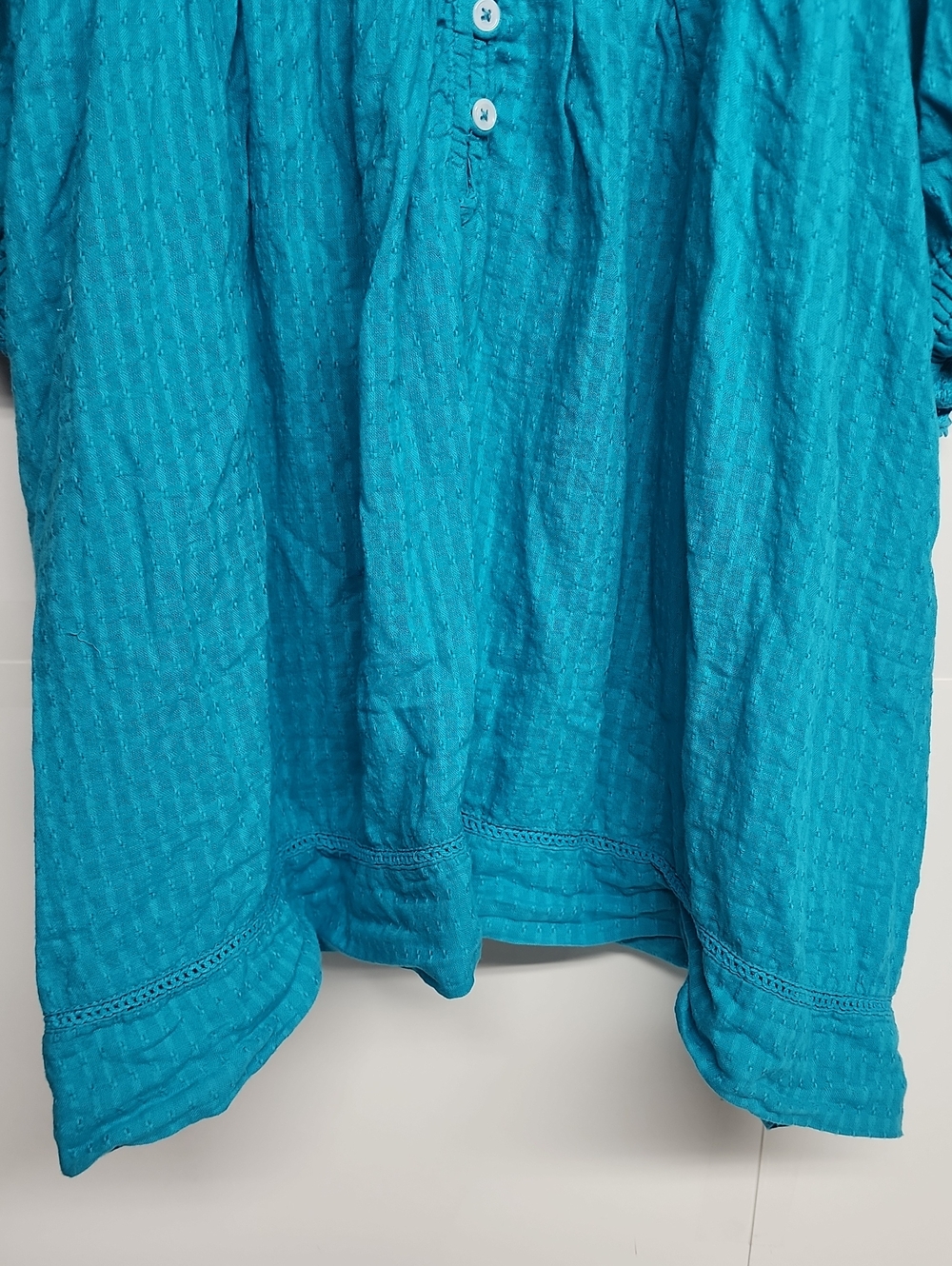 SUNDANCE Teal Smocked Button Peasant Top XXL Adorable Feminine Beautiful Boho - Picture 5 of 9